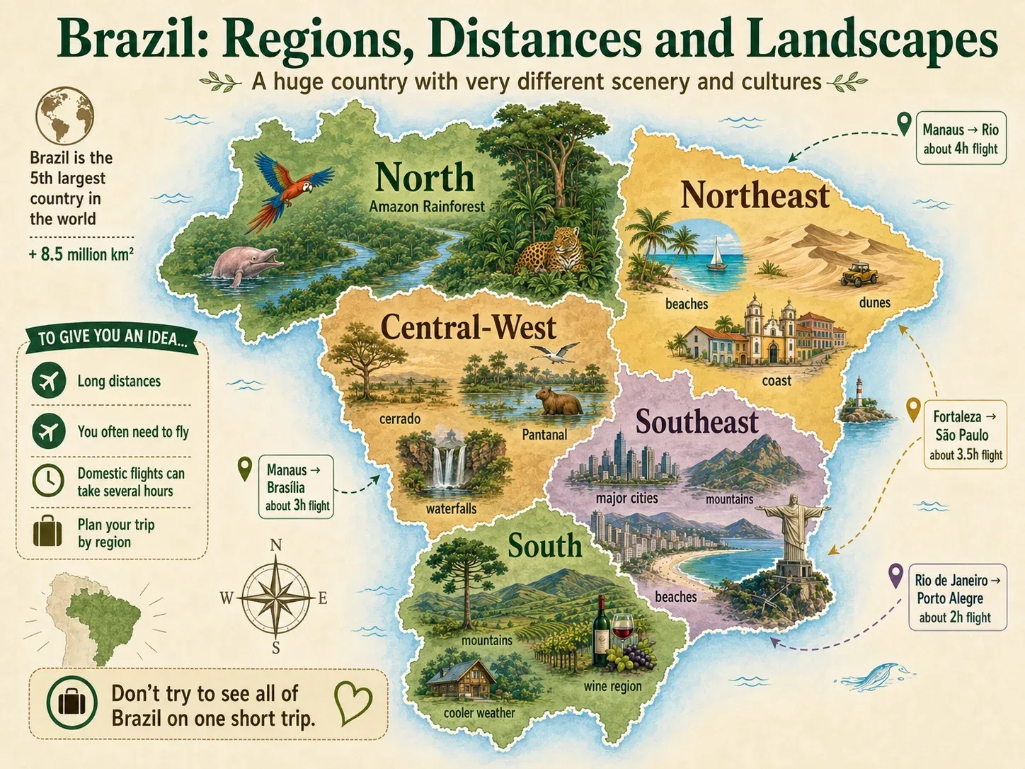 Illustrated map showing Brazil's regions, distances, and varied landscapes.