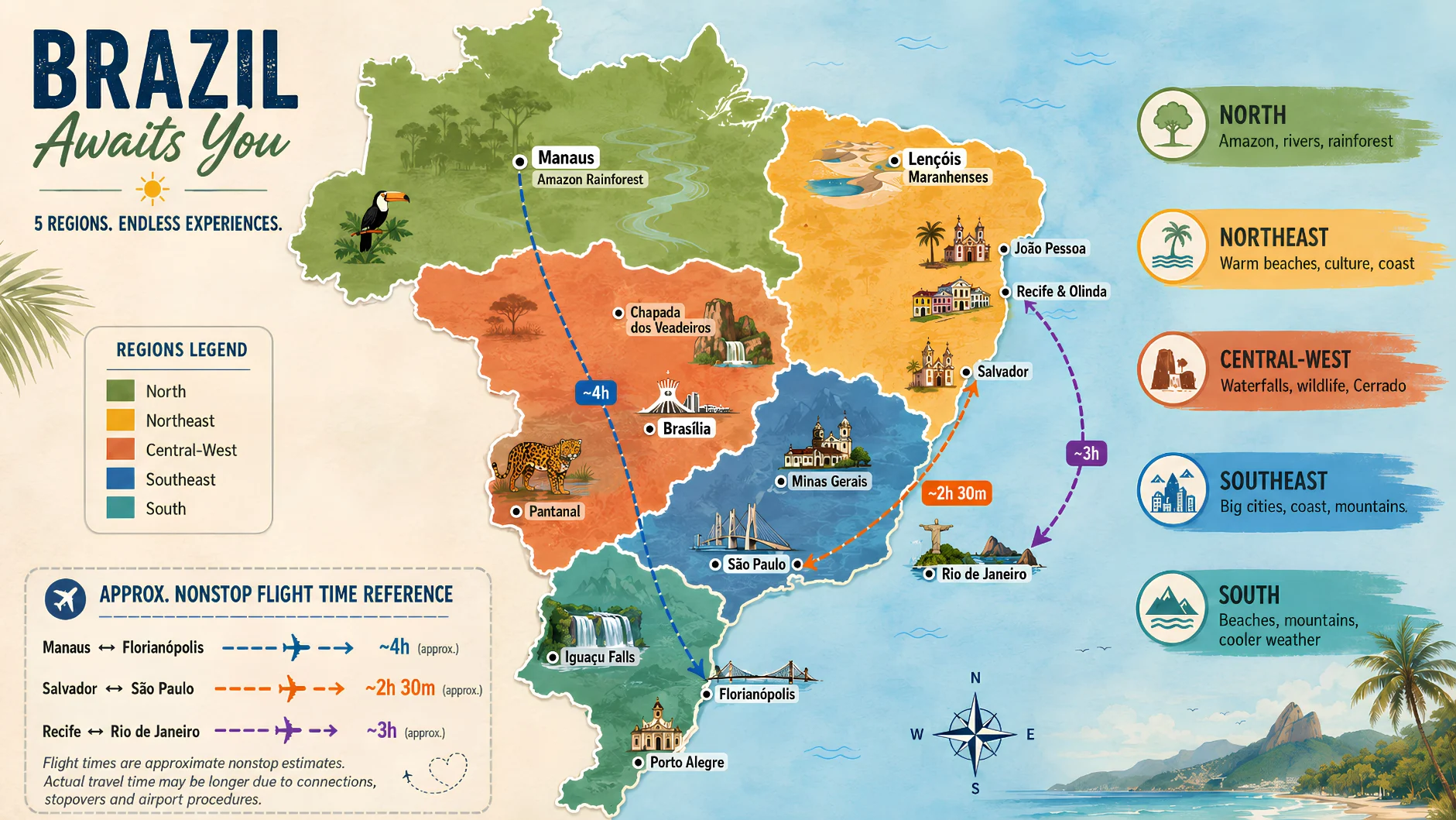 Illustrated map showing Brazil divided into regions with major destinations, flight times, and a travel legend.