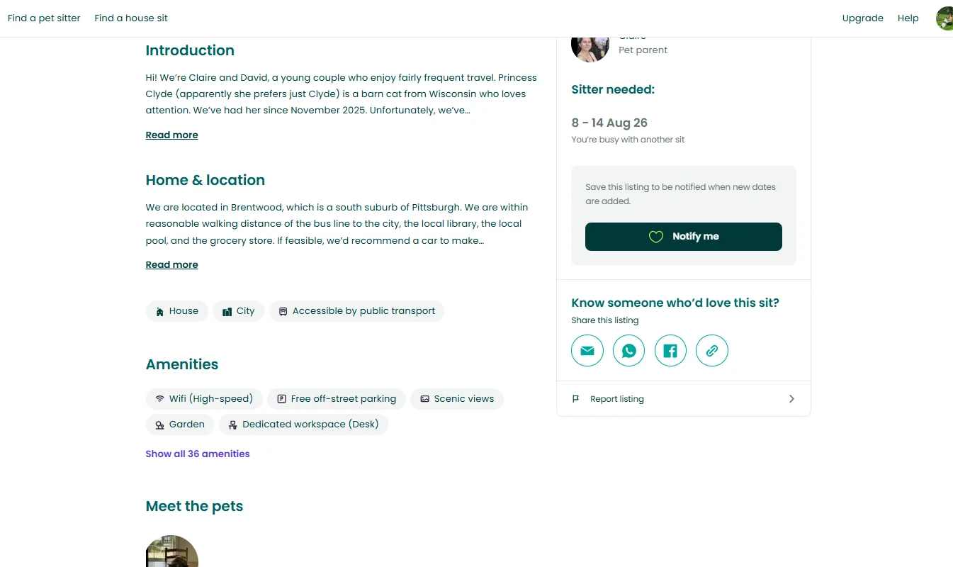 A house-sitting listing page shows home details, amenities, and sitter dates on a laptop screen.