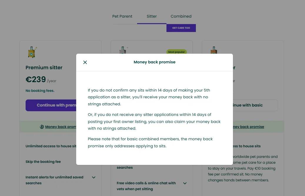 Membership pricing screen showing a money-back promise popup over the plan options.