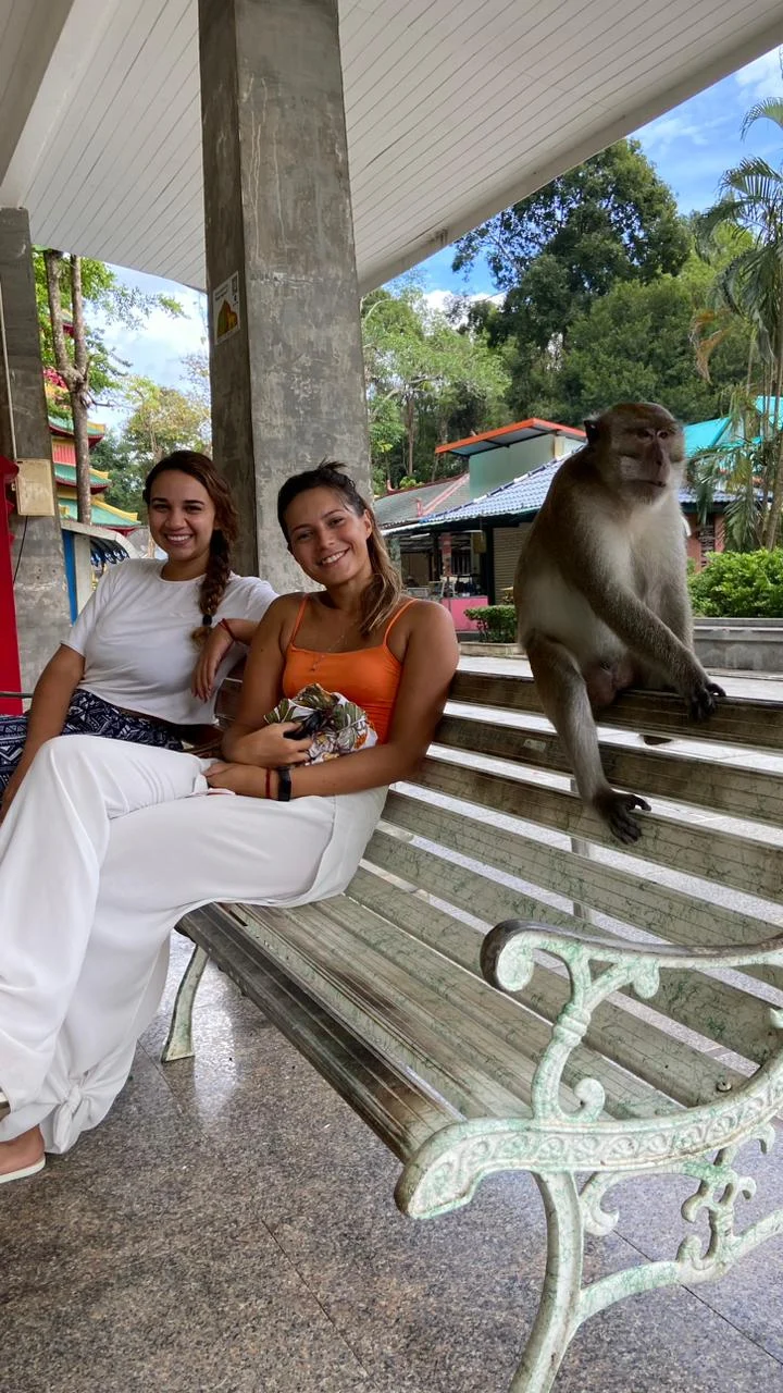 Two women sitting on a bench beside a monkey at a temple stop.