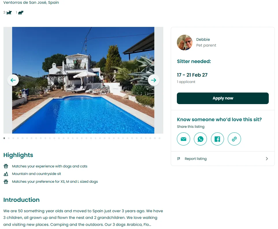TrustedHousesitters house-sit listing with highlights and application panel.