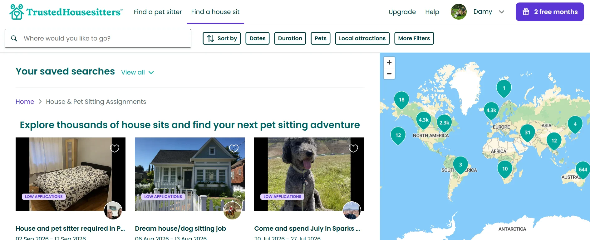 TrustedHousesitters search page showing sit listings and a world map.