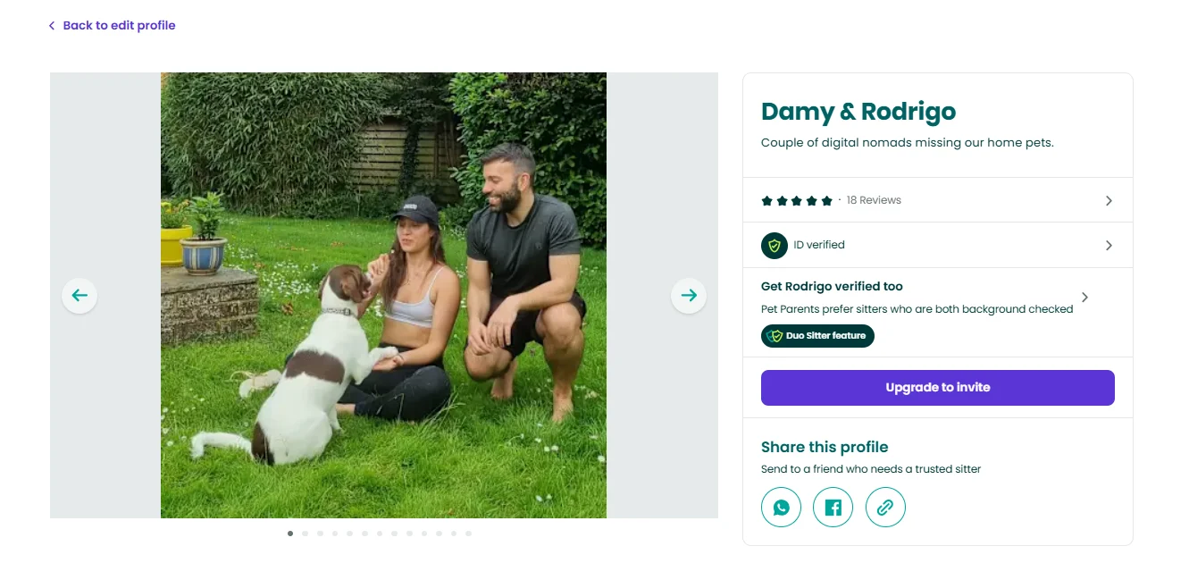 A couple sits on grass with a dog in front of their profile card.