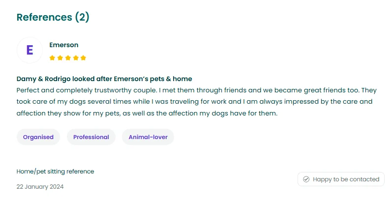 A TrustedHousesitters reference review with a five-star rating and written feedback.