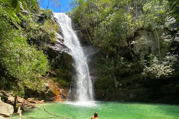 A waterfall drops into a clear green lagoon surrounded by dense tropical forest.