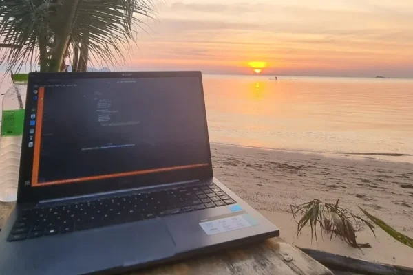 A laptop sits on a table by the beach at sunset, framed by palm leaves.